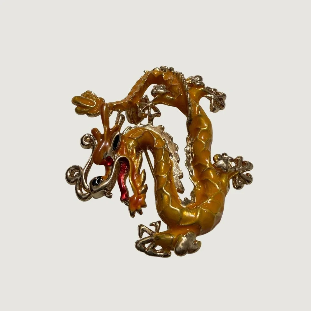 Vintage Orange Enamel Chinese Dragon Brooch Gold Tone Mythical Creature Pin 2